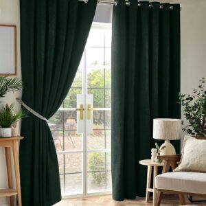 Chenille Triple Woven Ready Made Eyelet Blackout Curtains Green