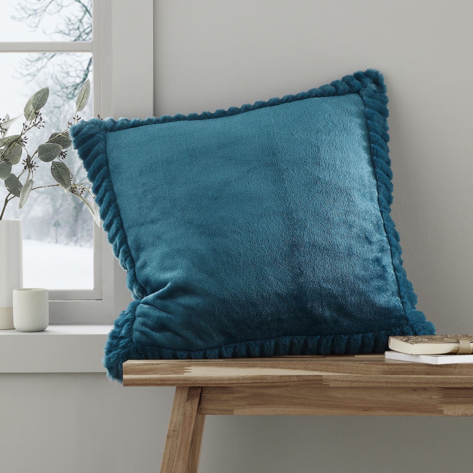 Catherine Lansfield Velvet Faux Fur Filled Cushion 55cm x 55cm Teal - Image 5