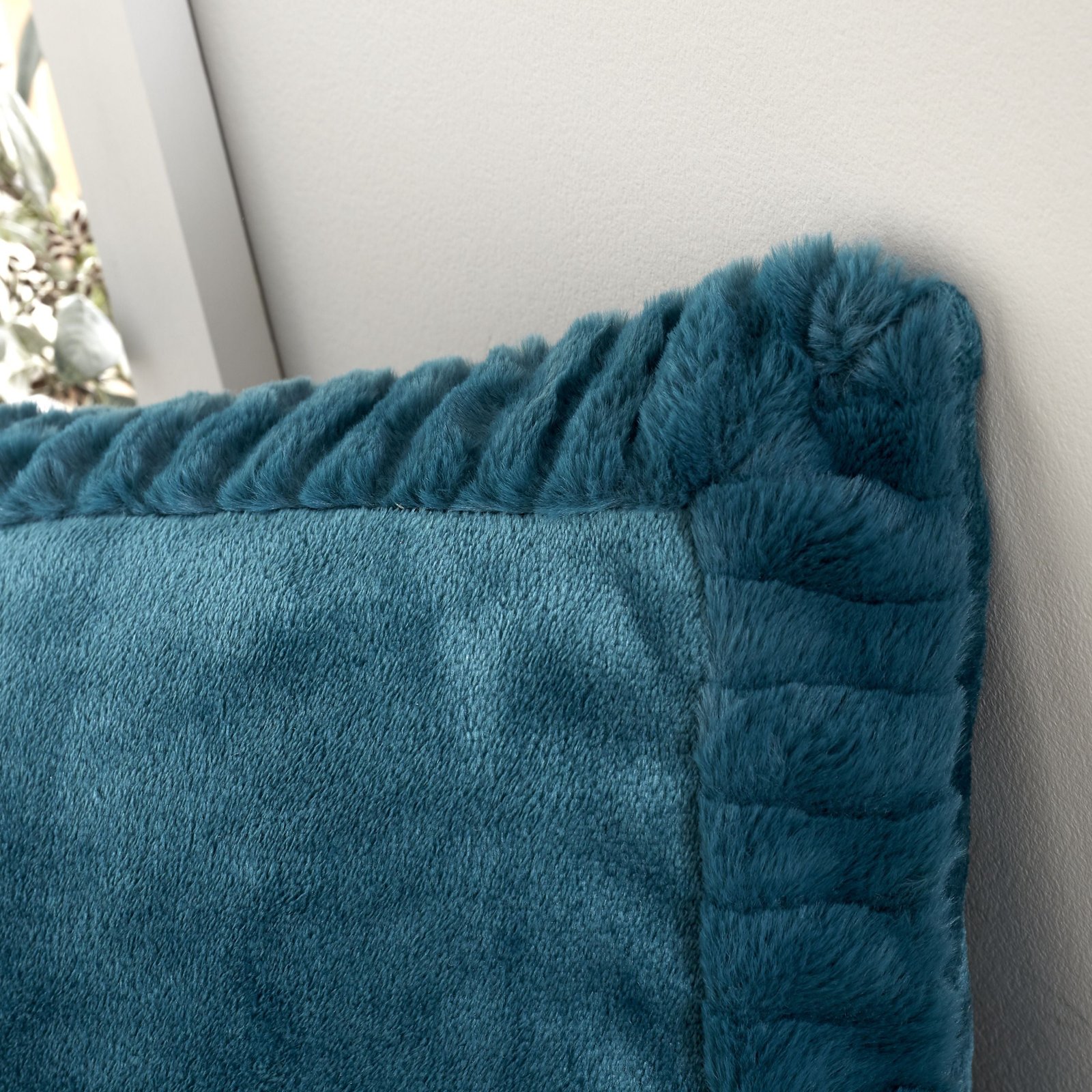 Catherine Lansfield Velvet Faux Fur Filled Cushion 55cm x 55cm Teal - Image 2