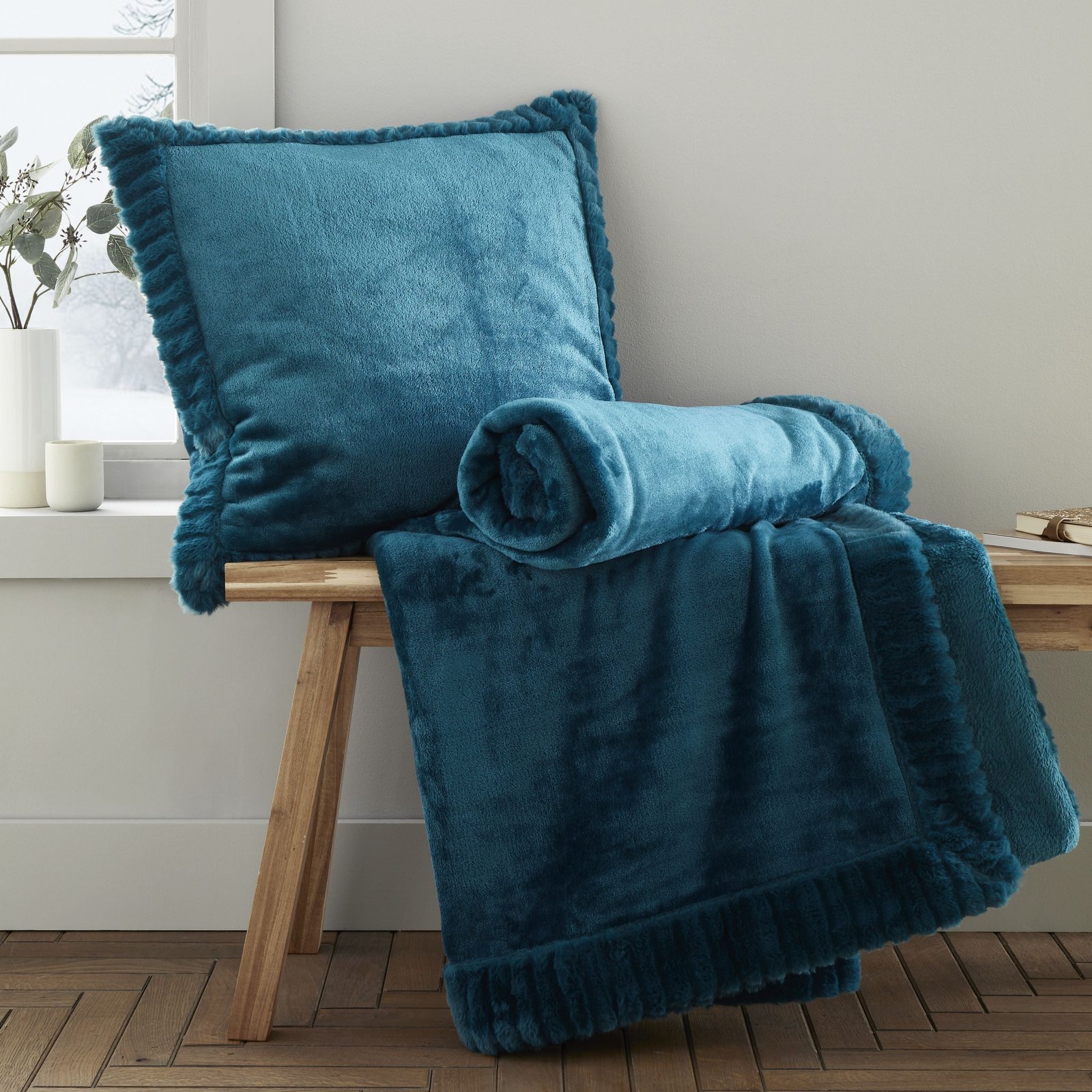 Catherine Lansfield Velvet Faux Fur Filled Cushion 55cm x 55cm Teal - Image 3