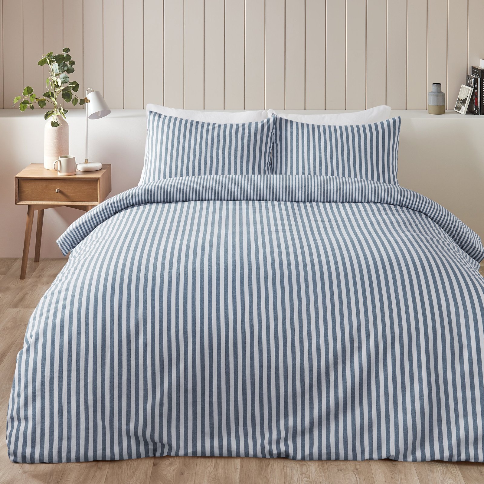 Catherine Lansfield Stripe Brushed Duvet Cover Bedding Set Blue