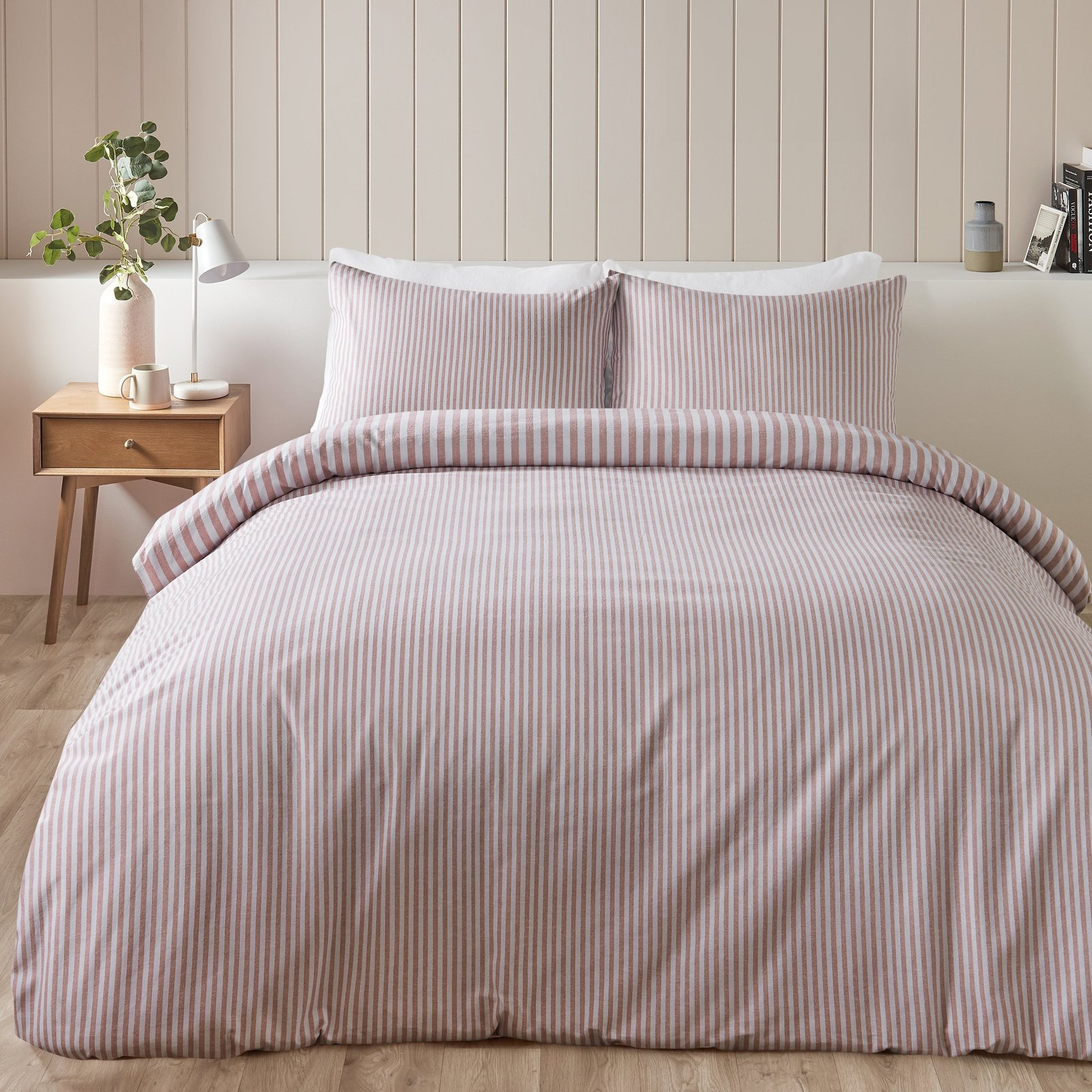 Catherine Lansfield Stripe Brushed Duvet Cover Bedding Set Blush
