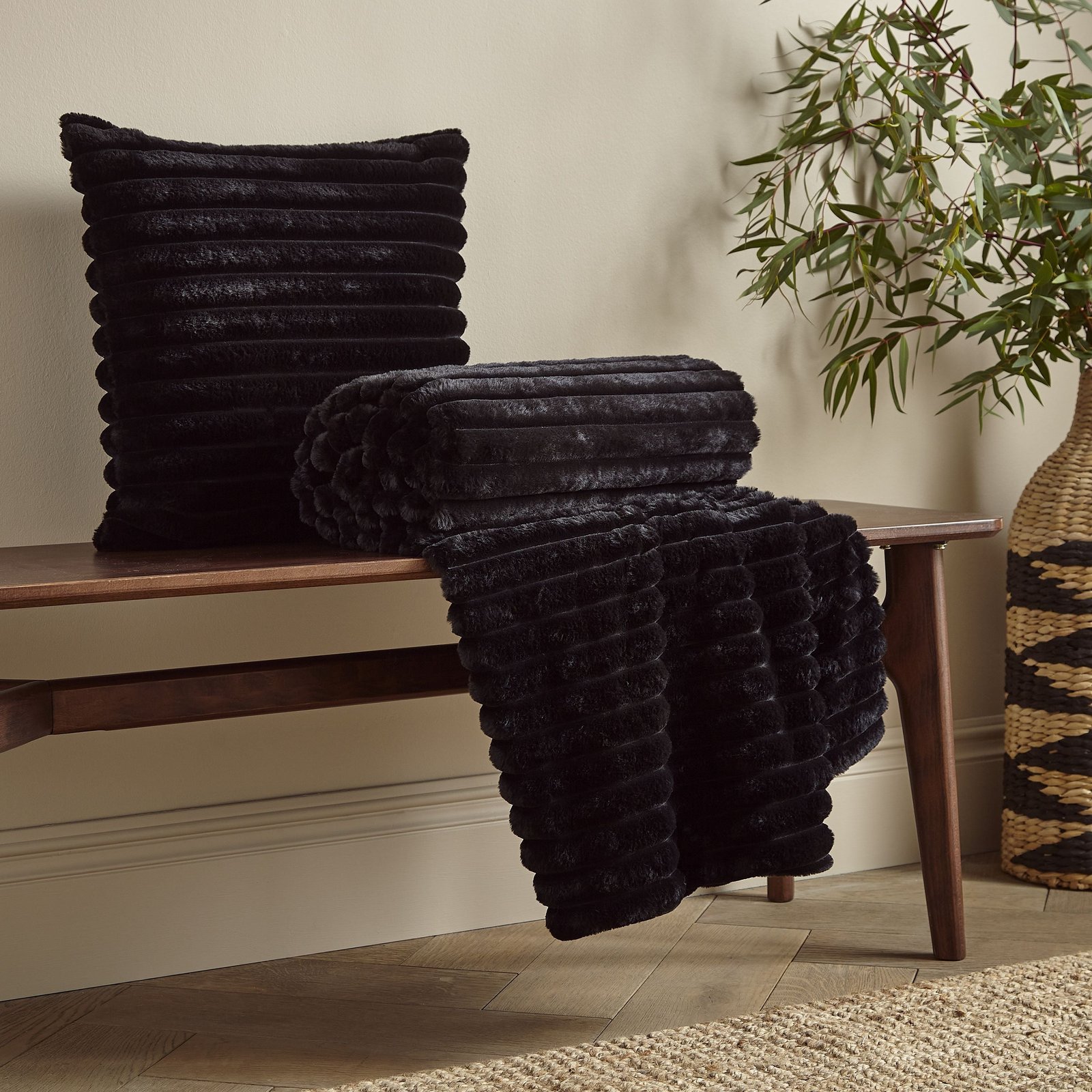 Catherine Lansfield Cosy Ribbed Soft Touch Velvet 45cm x 45cm Filled Cushion Black - Image 3