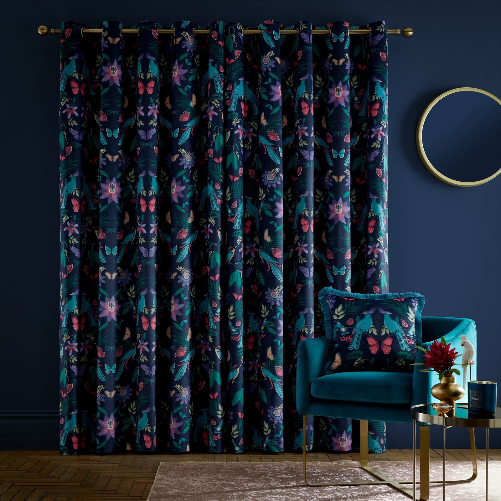 Catherine Lansfield Mya Tropical Birds Ready Made Eyelet Curtains Navy - Image 2