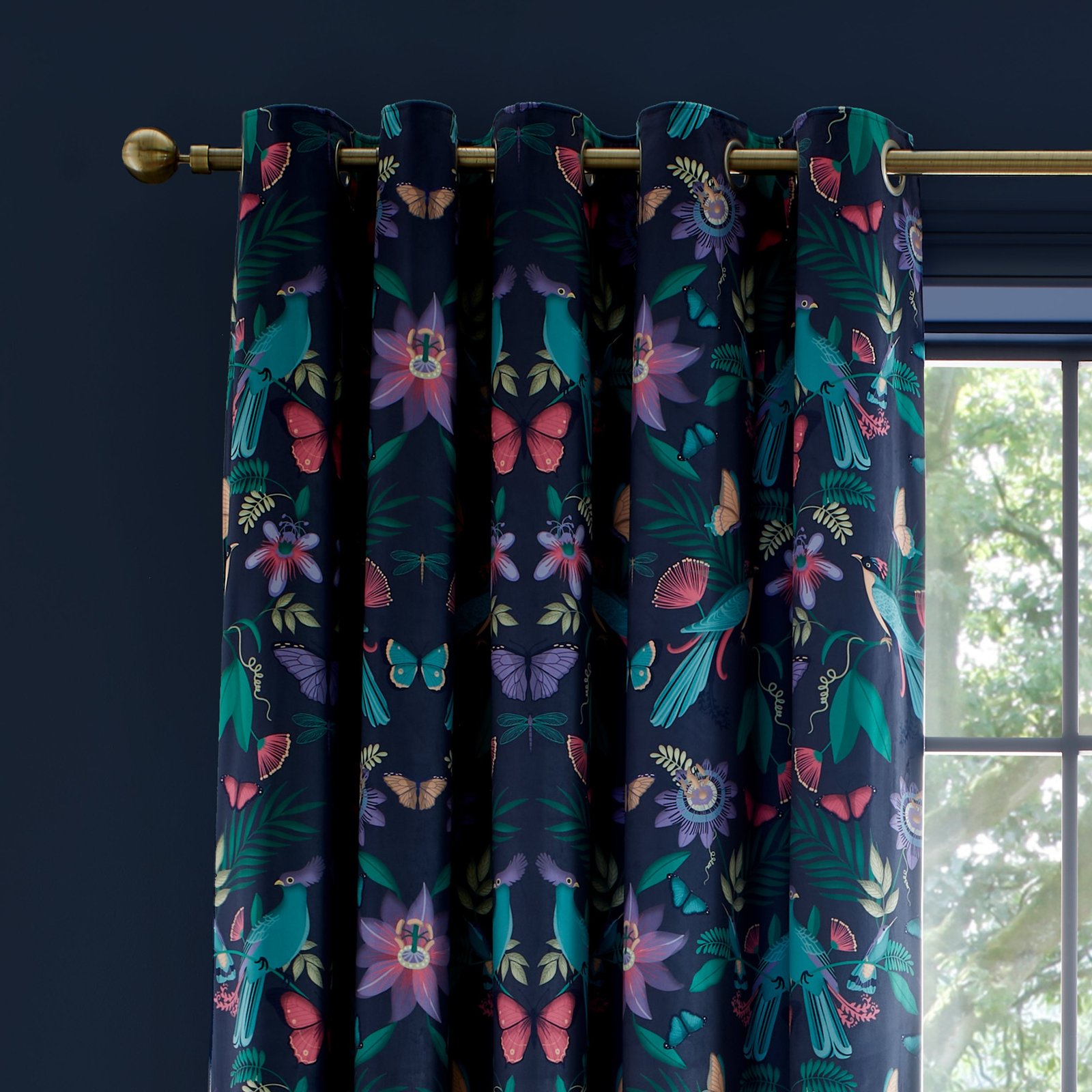 Catherine Lansfield Mya Tropical Birds Ready Made Eyelet Curtains Navy - Image 3