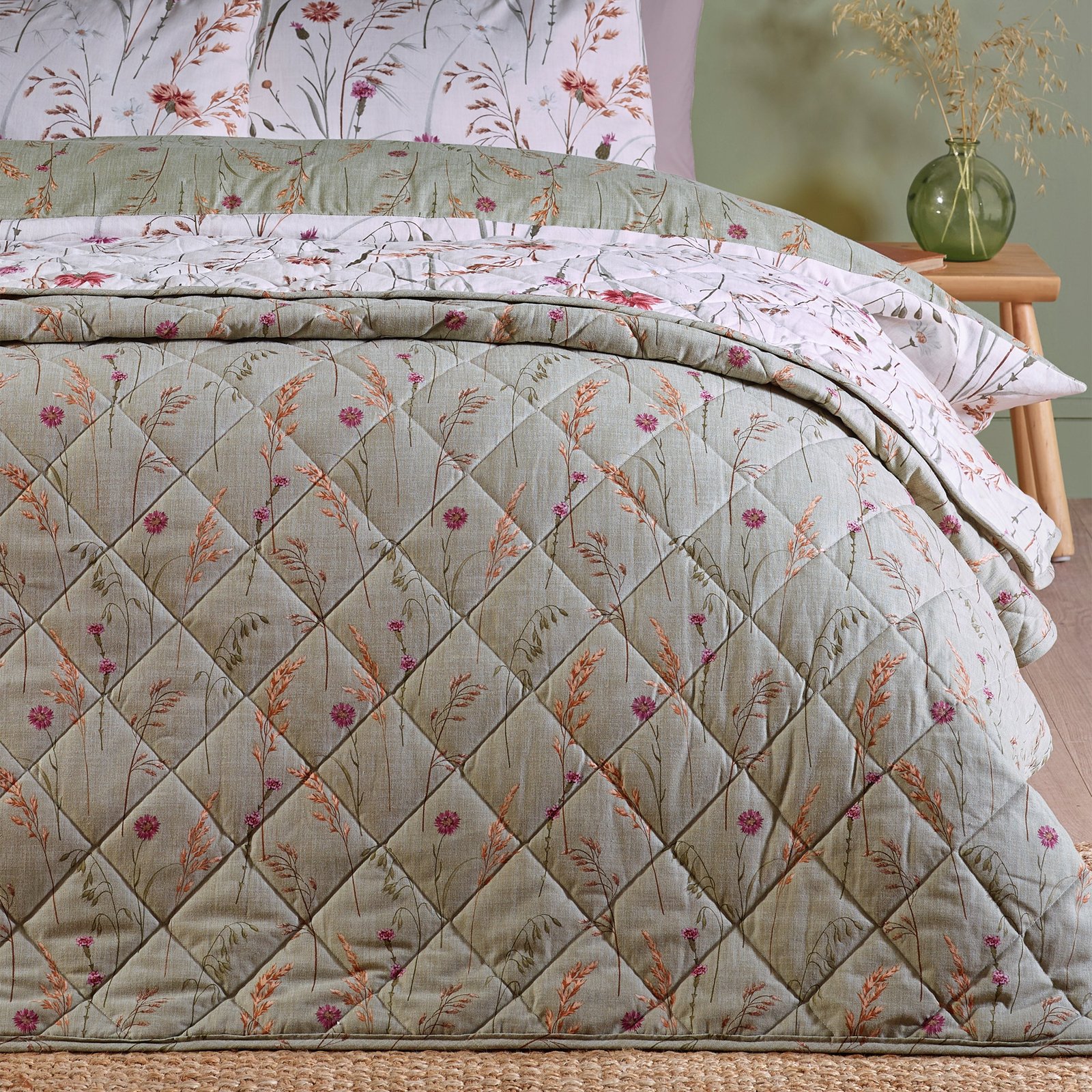 Catherine Lansfield Brushed Grasmere Floral 200cmx220cm Bedspread Green - Image 2
