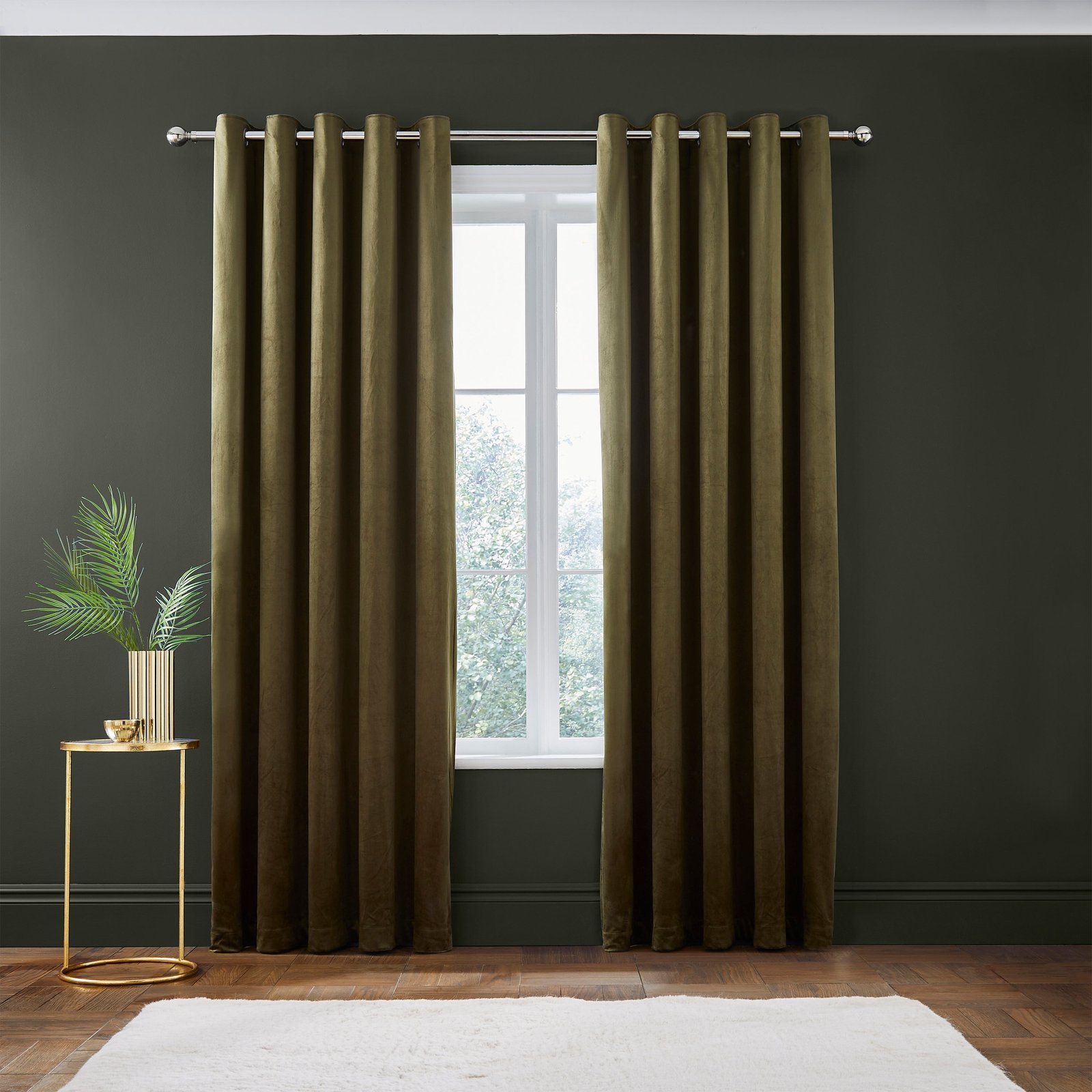 Catherine Lansfield Kingsley Matt Velvet Ready Made Eyelet Curtains 66 x 90 Olive