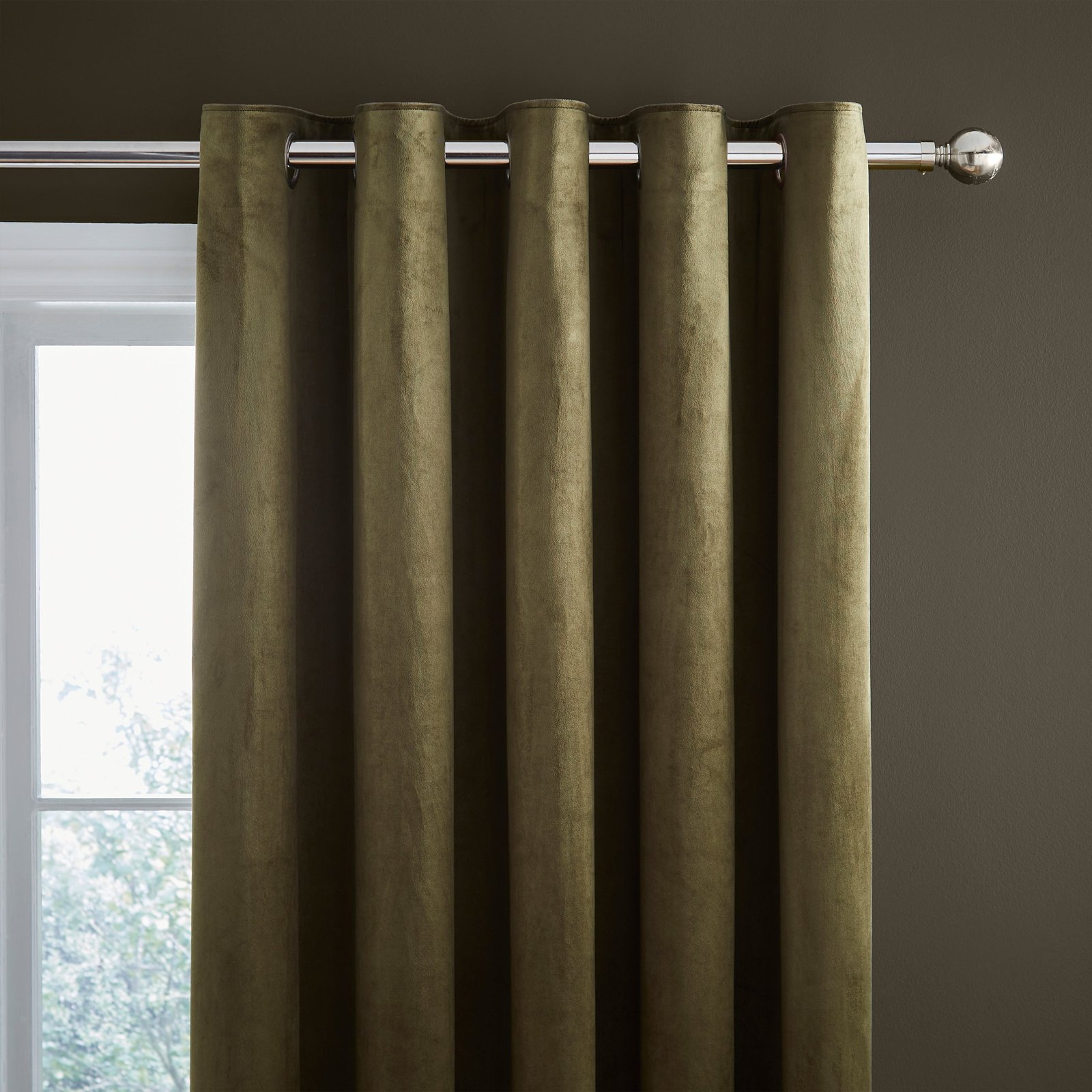 Catherine Lansfield Kingsley Matt Velvet Ready Made Eyelet Curtains 66 x 90 Olive - Image 2