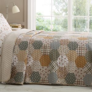 Catherine Lansfield Floral Patchwork 220cm x 230cm Bedspread Set Natural