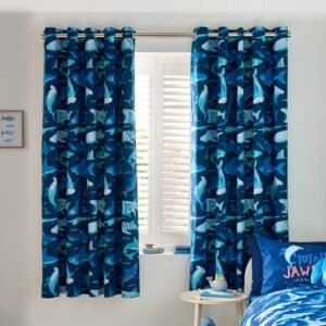 Catherine Lansfield Jawsome Shark Reversible Ready Made Eyelet Curtains 66'' x 72'' Navy Blue