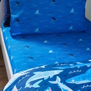 Catherine Lansfield Jawsome Shark Easy Care Bed Linen Fitted Sheet Navy Blue