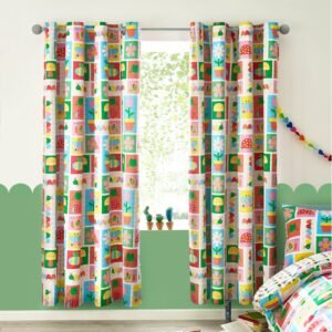 Catherine Lansfield Curious Caterpillar Reversible Ready Made Eyelet Curtains 66'' x 72'' Bright