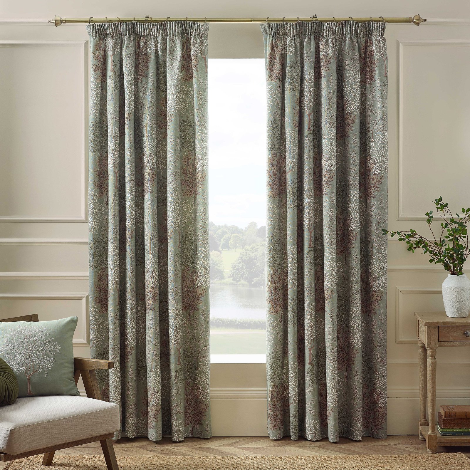 Catherine Lansfield Woodland Trees Ready Made Pencil Pleat Curtains Green