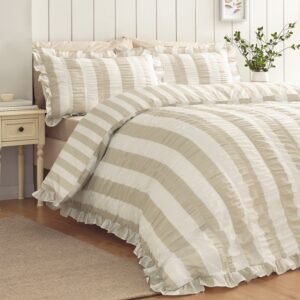 Catherine Lansfield Seersucker Frill Stripe Duvet Cover Bedding Set Natural