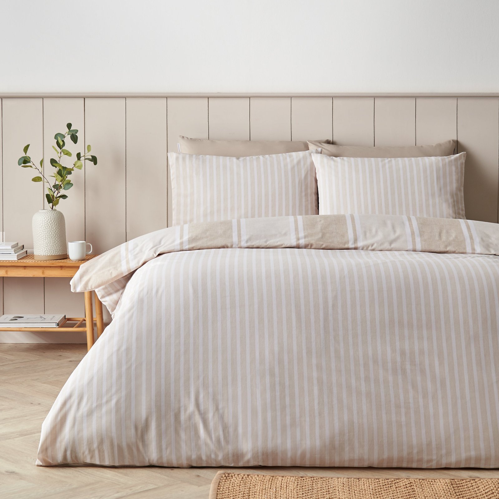 Catherine Lansfield Banded Stripe Duvet Cover Bedding Set Natural - Image 2