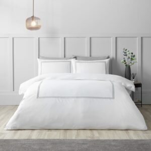 Catherine Lansfield So Soft Mono Satin Stitch Duvet Cover Bedding Set White Silver