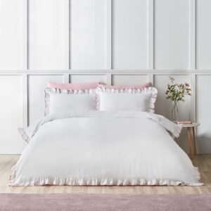 Catherine Lansfield So Soft Mono Frill Duvet Cover Bedding Set White Pink