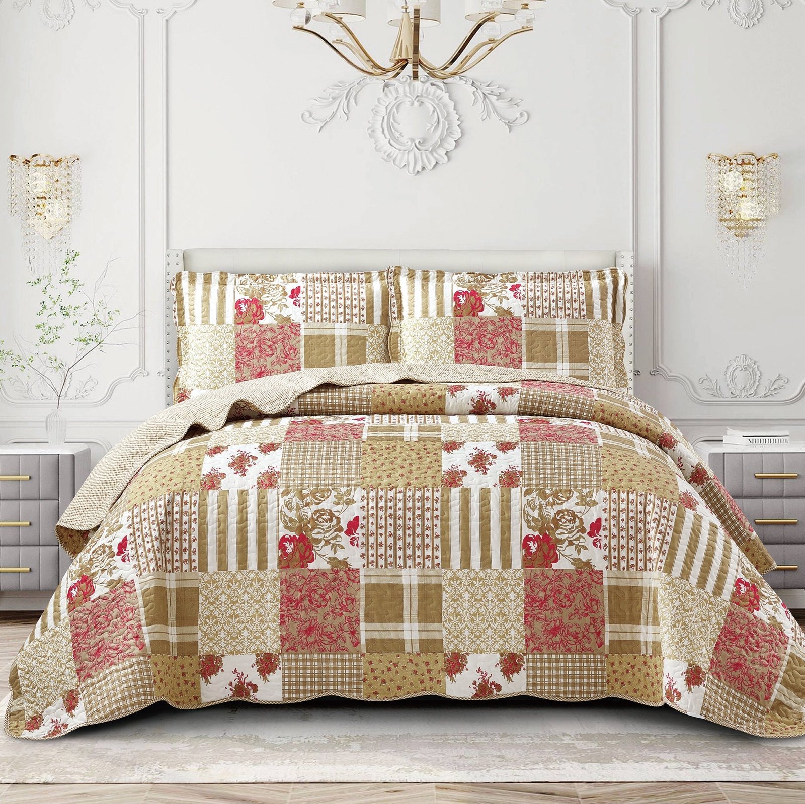 Luxury Quilted Patchwork Embroidered Bedspread Comforter with Pillow Case