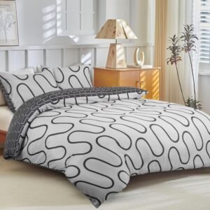Modern Wavy Lines Reversible Duvet Cover Set  Black And Grey