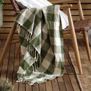 Yard Chesil Check Tasselled Cotton 130cm x 170cm Throw Moss
