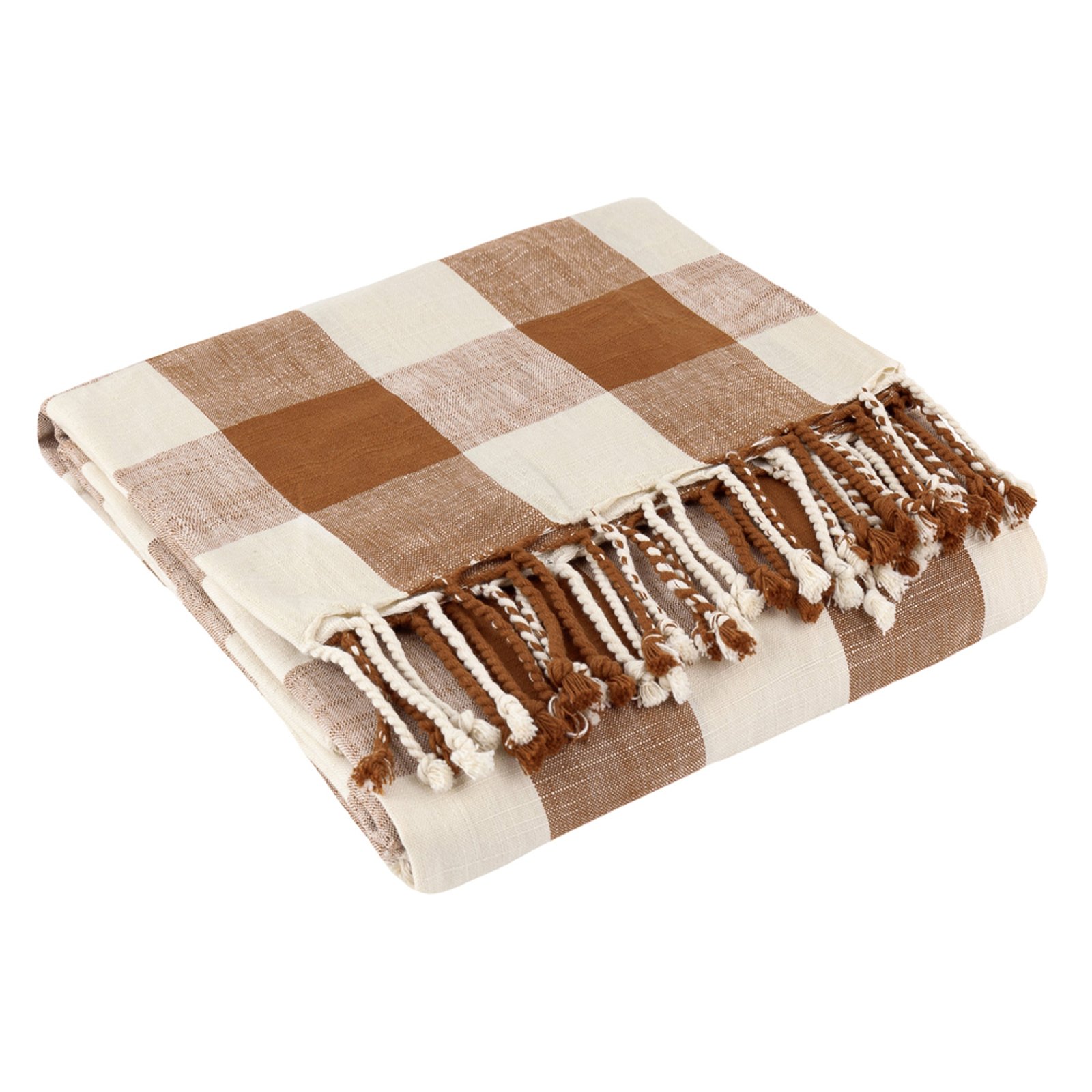 Yard Chesil Check Tasselled Cotton 130cm x 170cm Throw Pecan - Image 2