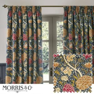 Morris & Co. Cray Floral Printed Velvet Ready Made Pencil Pleat Curtains Indigo Berry