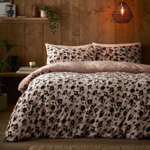 Fusion Cosy Leopard Flannel Fleece Duvet Cover Bedding Set Natural