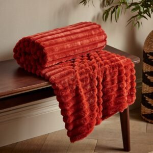 Catherine Lansfield Cosy Ribbed Faux Fur 130x170cm Throw Burnt Orange