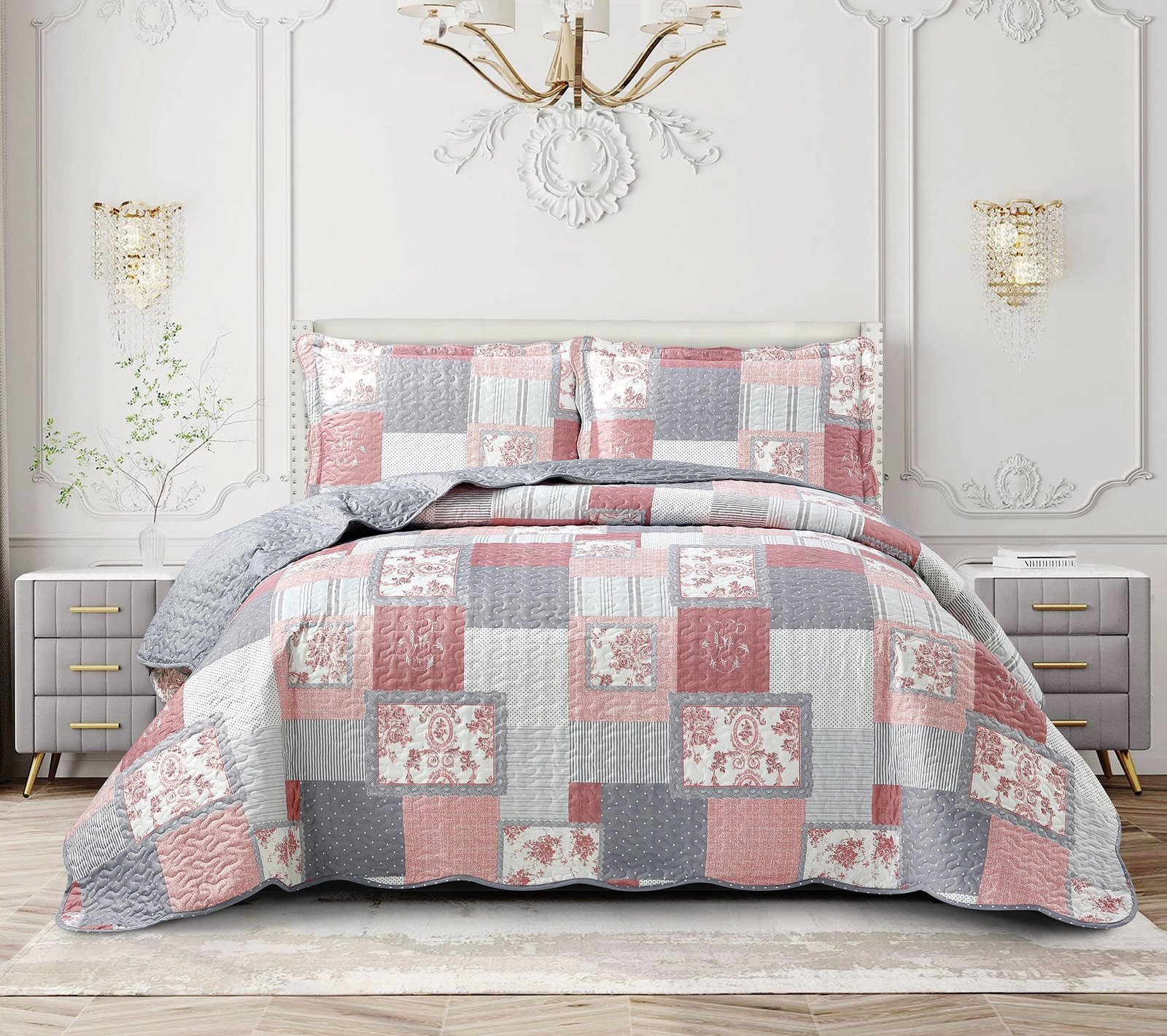 Luxury Quilted Patchwork Embroidered Bedspread Comforter with Pillow Case - Image 22