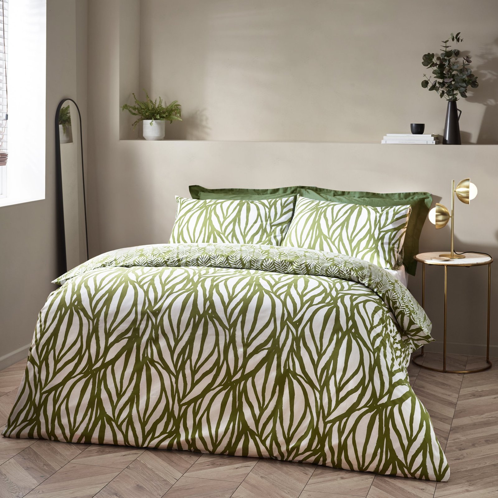 Hoem Frond Abstract Cotton Rich Reversible Duvet Cover Bedding Set Olive - Image 6