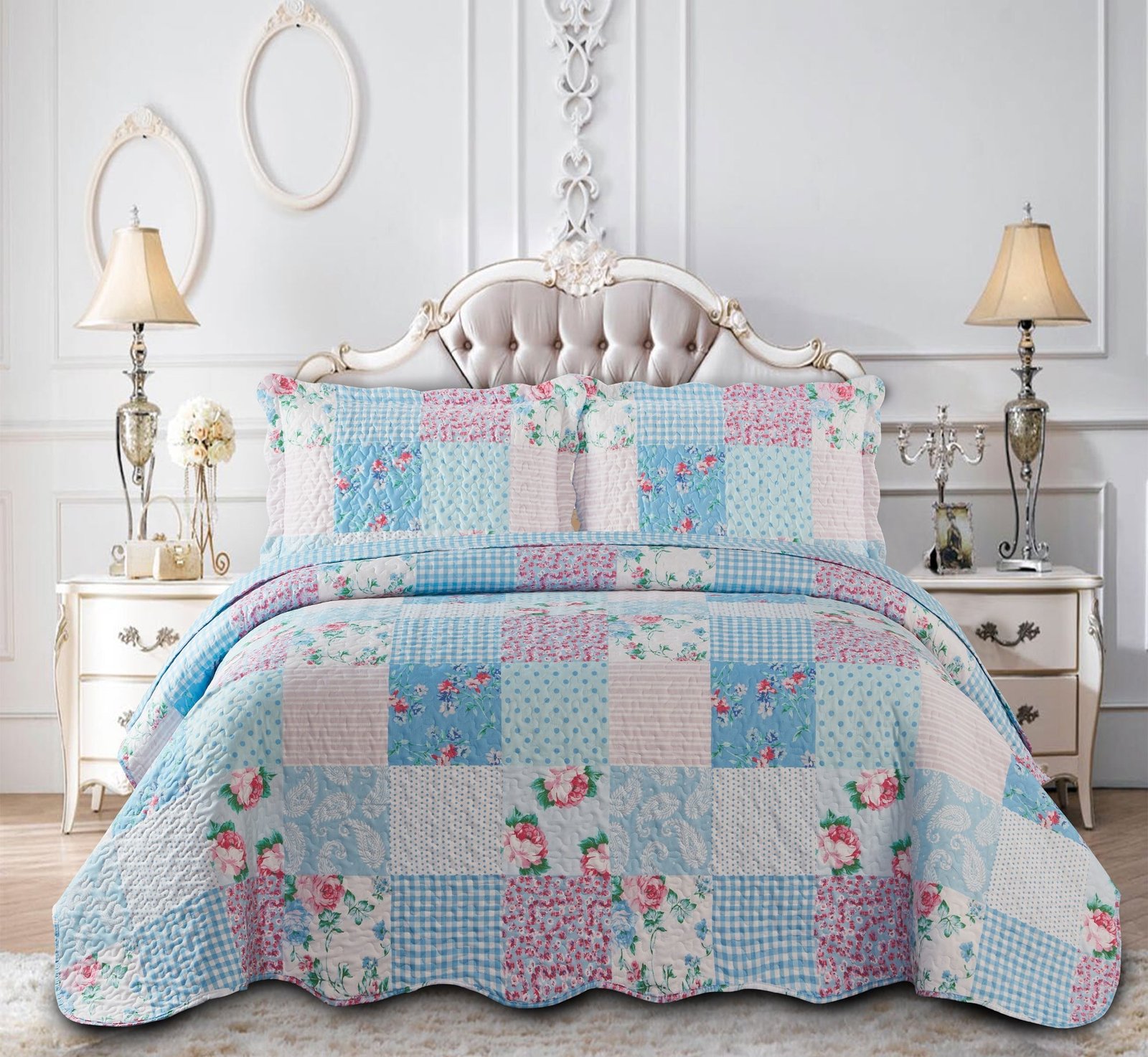Luxury Quilted Patchwork Embroidered Bedspread Comforter with Pillow Case - Image 28