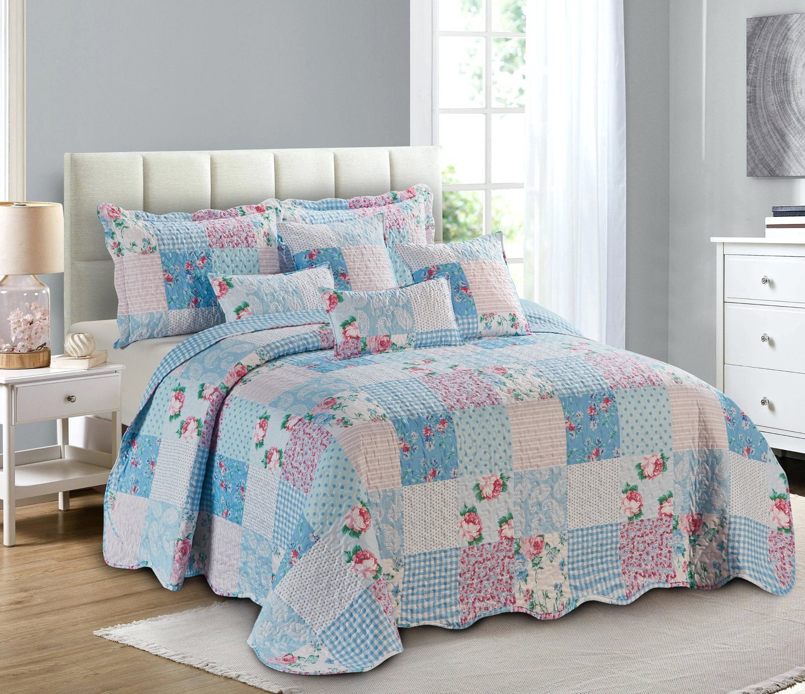 Luxury Quilted Patchwork Embroidered Bedspread Comforter with Pillow Case - Image 29