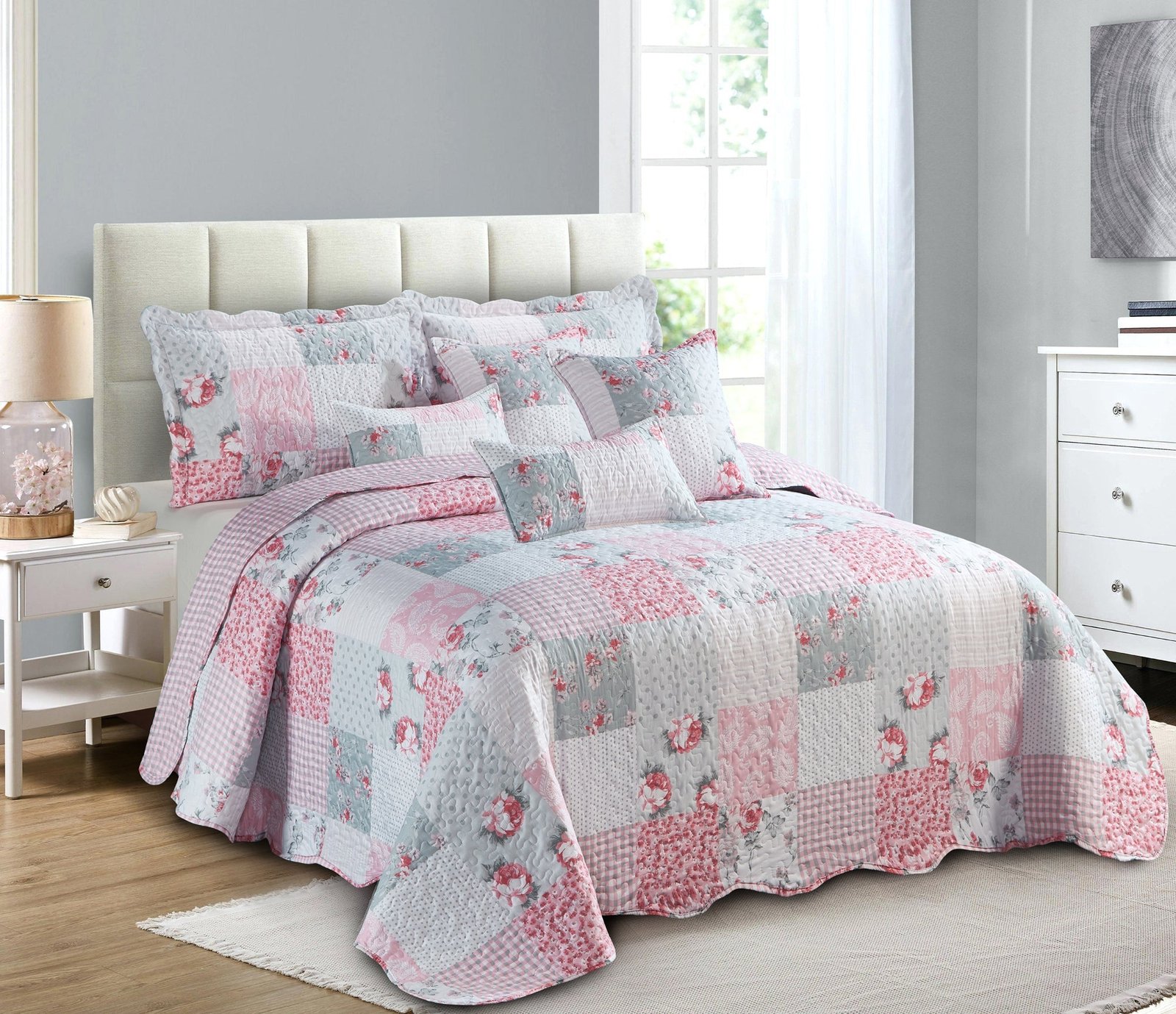 Luxury Quilted Patchwork Embroidered Bedspread Comforter with Pillow Case - Image 33