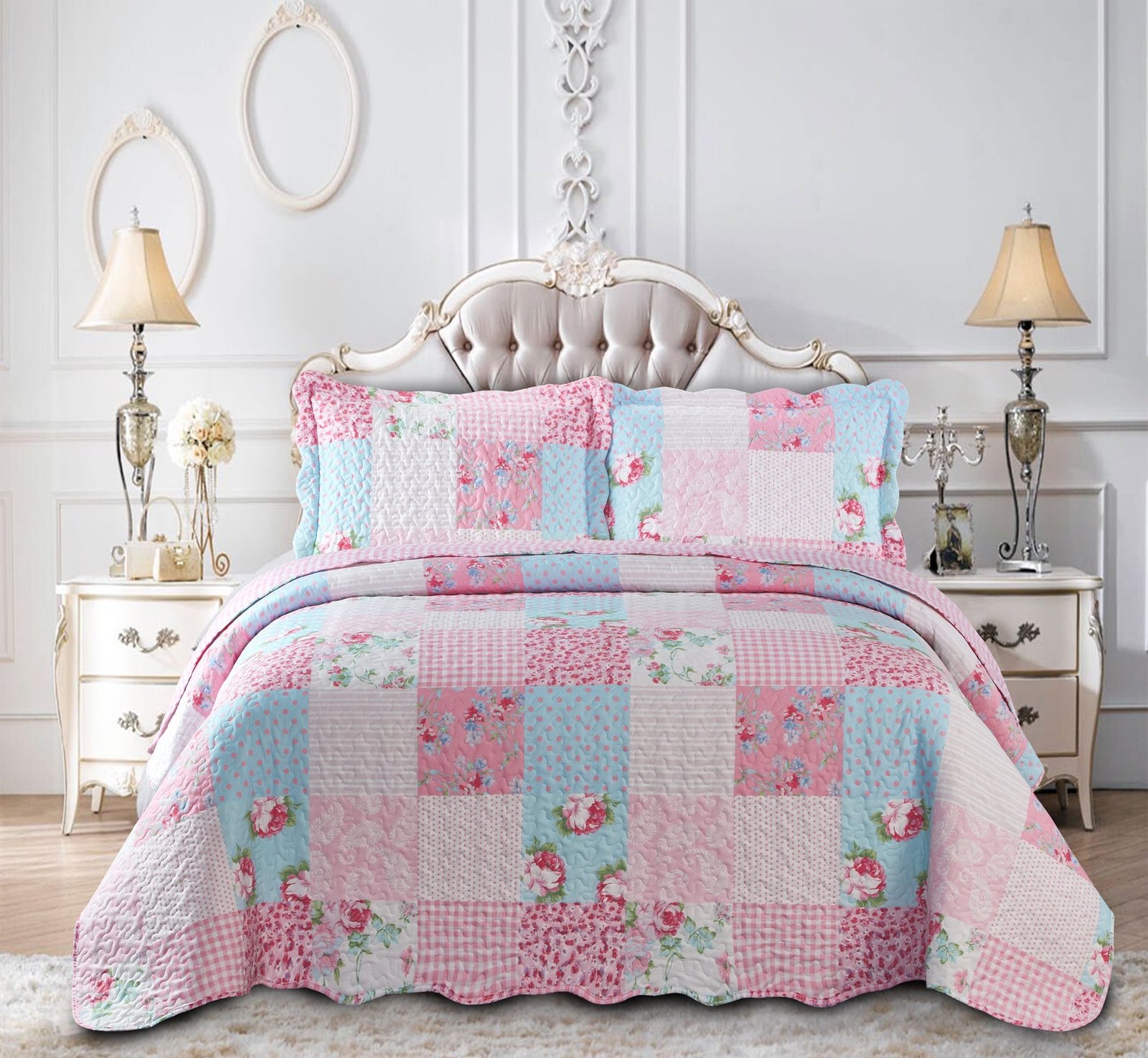 Luxury Quilted Patchwork Embroidered Bedspread Comforter with Pillow Case - Image 36