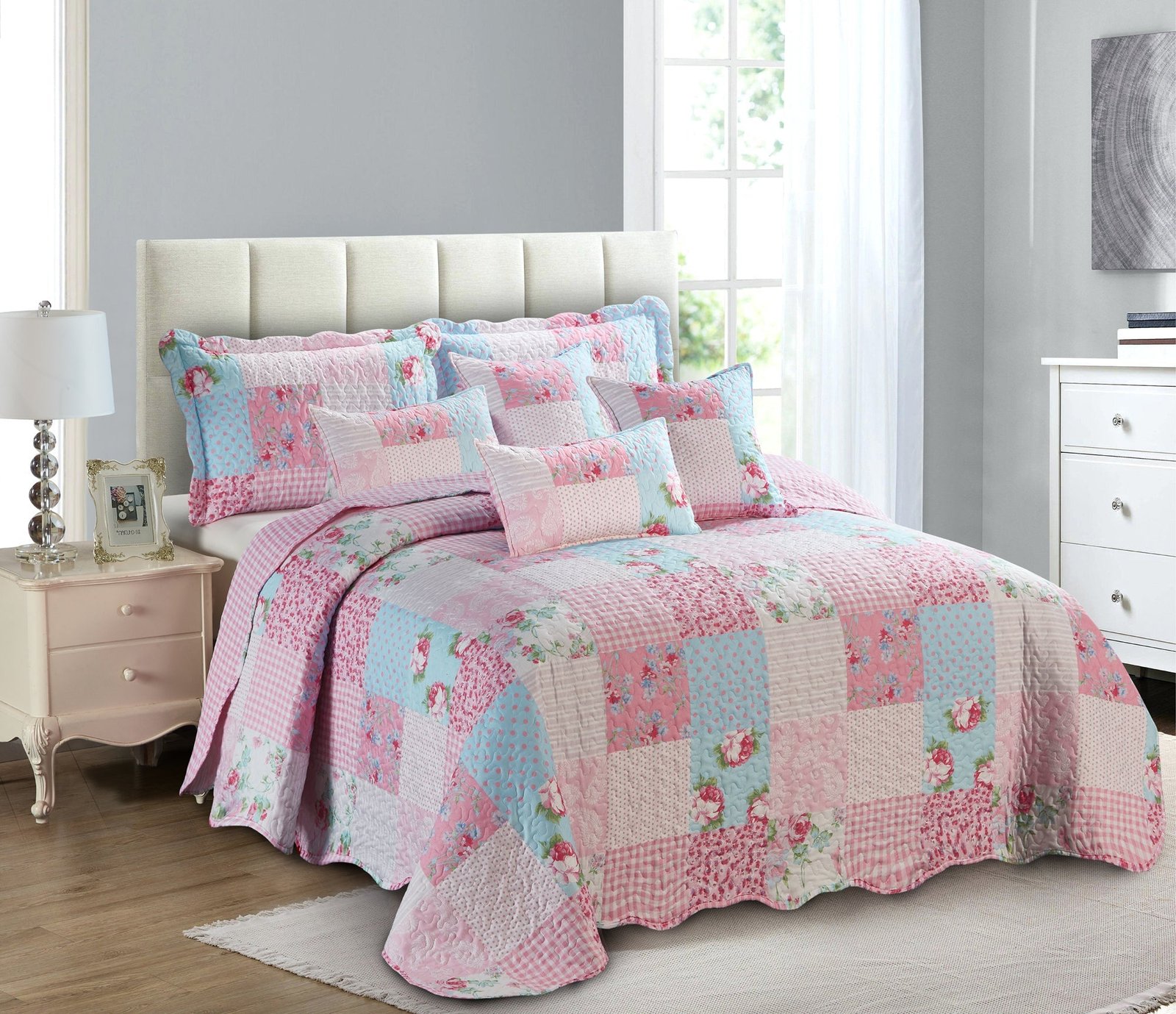 Luxury Quilted Patchwork Embroidered Bedspread Comforter with Pillow Case - Image 37