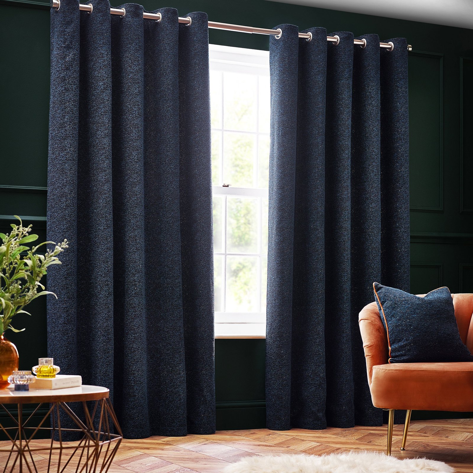 Paoletti Galaxy Chenille Ready Made Eyelet Curtains Navy