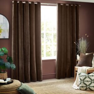 Yard Heavy Chenille Velvet Ready Made Eyelet Curtains Brown
