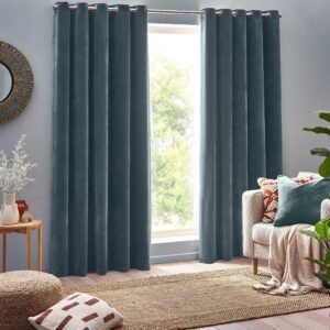 Yard Heavy Chenille Velvet Ready Made Eyelet Curtains Marine