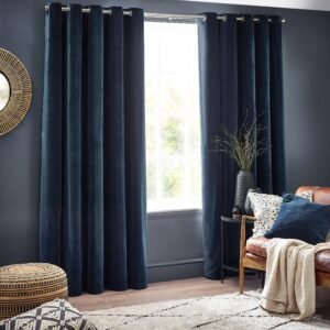 Yard Heavy Chenille Velvet Ready Made Eyelet Curtains Navy