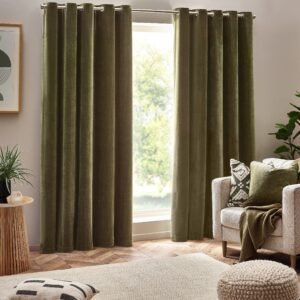 Yard Heavy Chenille Velvet Ready Made Eyelet Curtains Olive