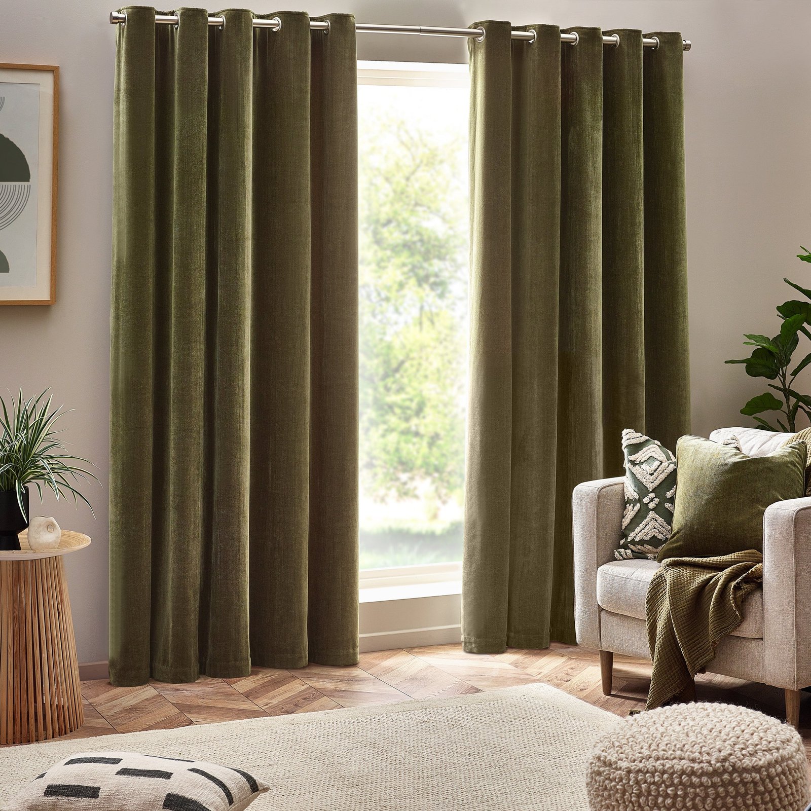 Yard Heavy Chenille Velvet Ready Made Eyelet Curtains Olive