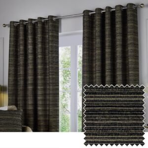 Paoletti Jupiter Chenille Jacquard Ready Made Eyelet Blockout Curtains Black Gold