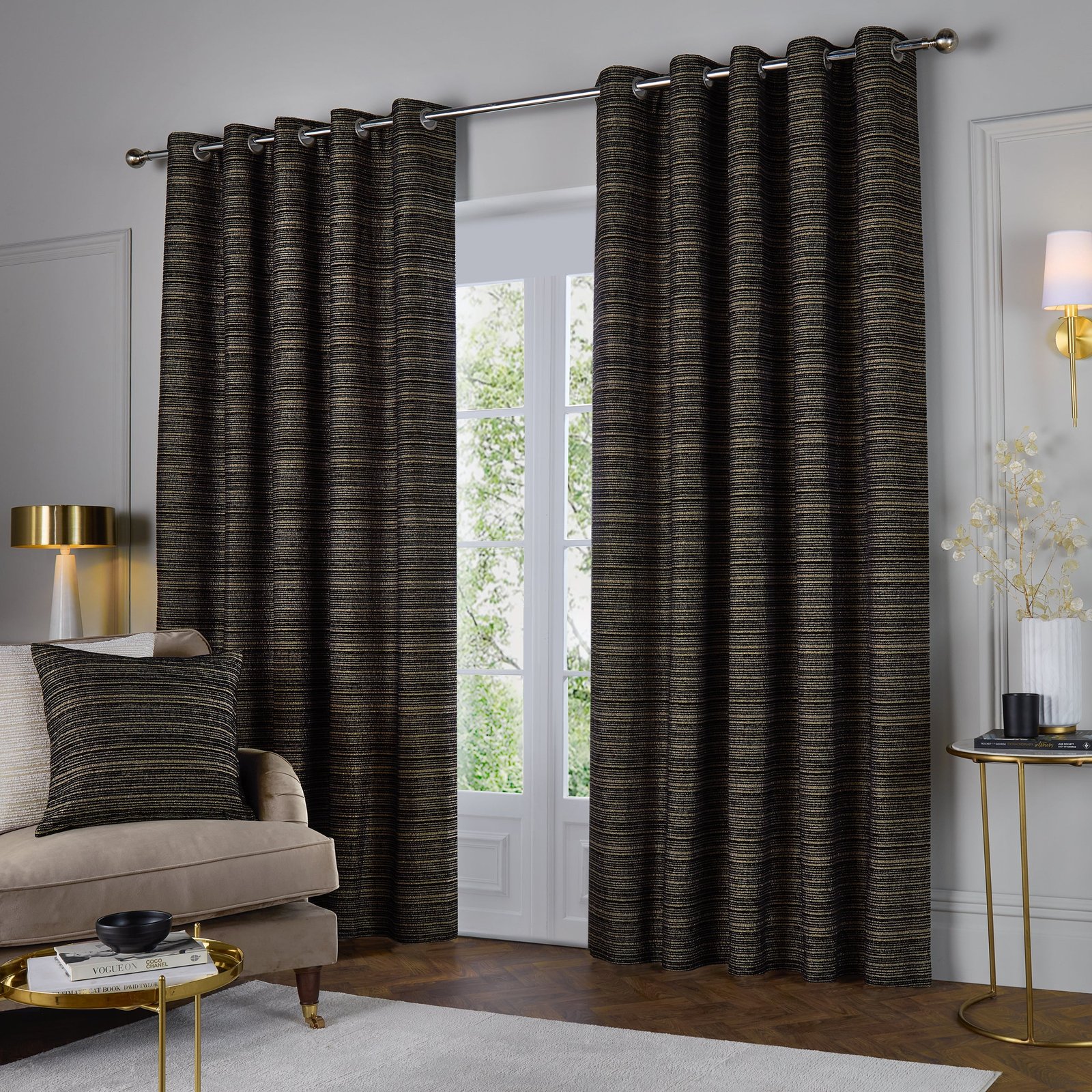 Paoletti Jupiter Chenille Jacquard Ready Made Eyelet Blockout Curtains Black Gold - Image 2