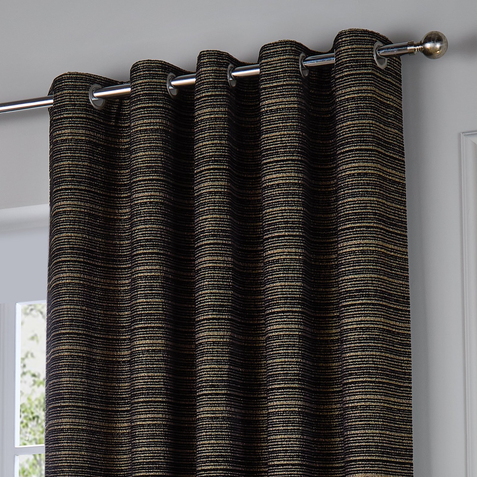 Paoletti Jupiter Chenille Jacquard Ready Made Eyelet Blockout Curtains Black Gold - Image 3