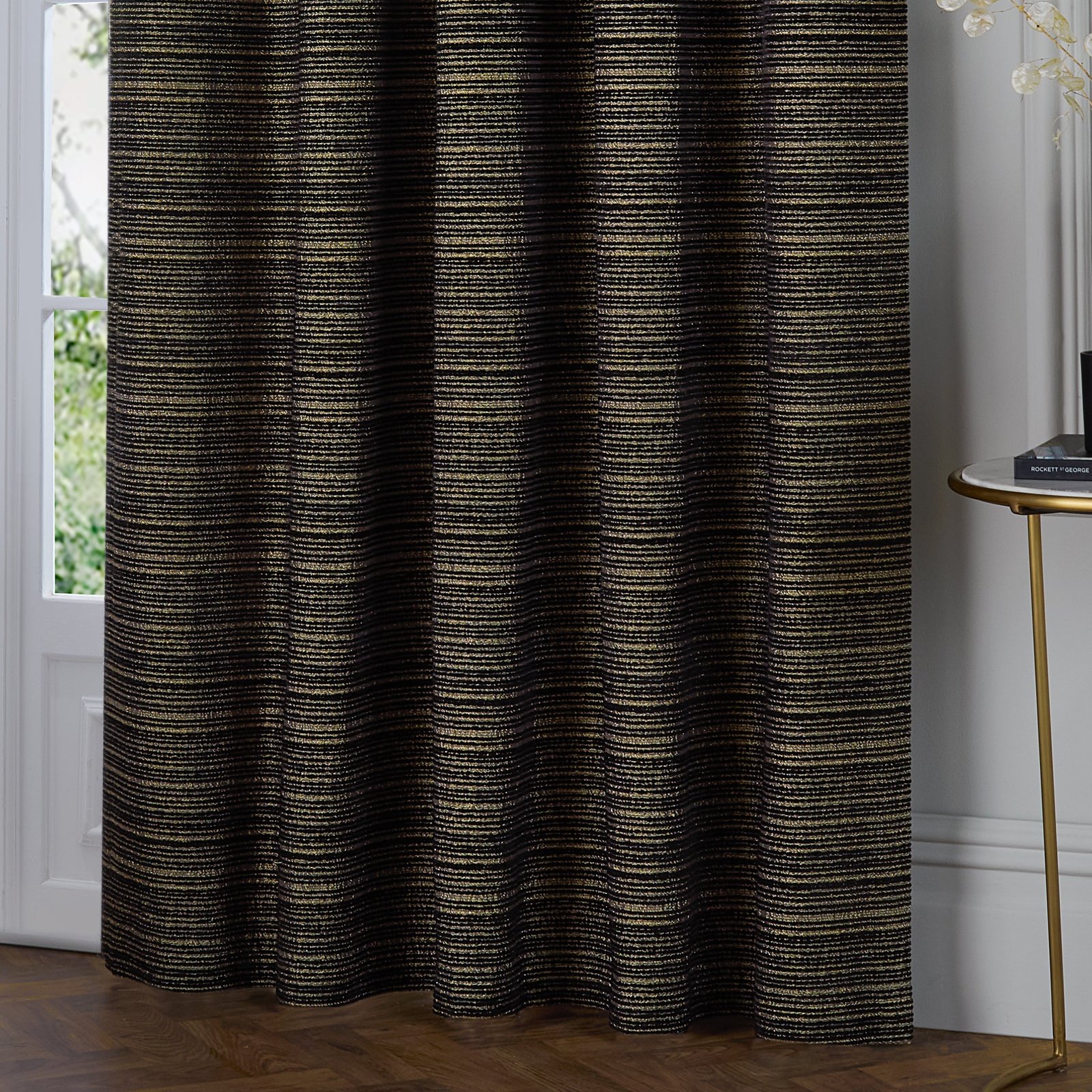 Paoletti Jupiter Chenille Jacquard Ready Made Eyelet Blockout Curtains Black Gold - Image 4