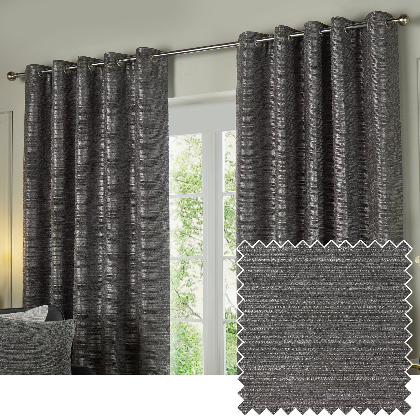 Paoletti Jupiter Chenille Jacquard Ready Made Eyelet Blockout Curtains Graphite