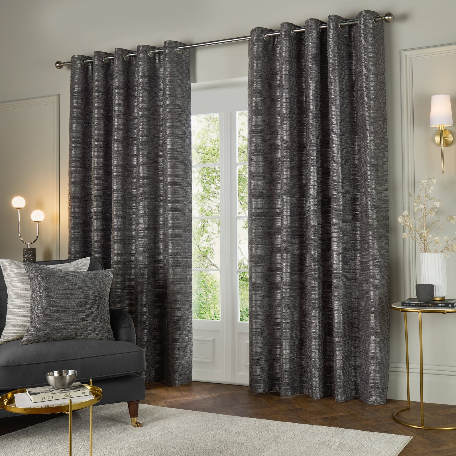 Paoletti Jupiter Chenille Jacquard Ready Made Eyelet Blockout Curtains Graphite - Image 2