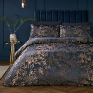 Soiree Midnight Palm Jacquard Duvet Cover Bedding Set Navy