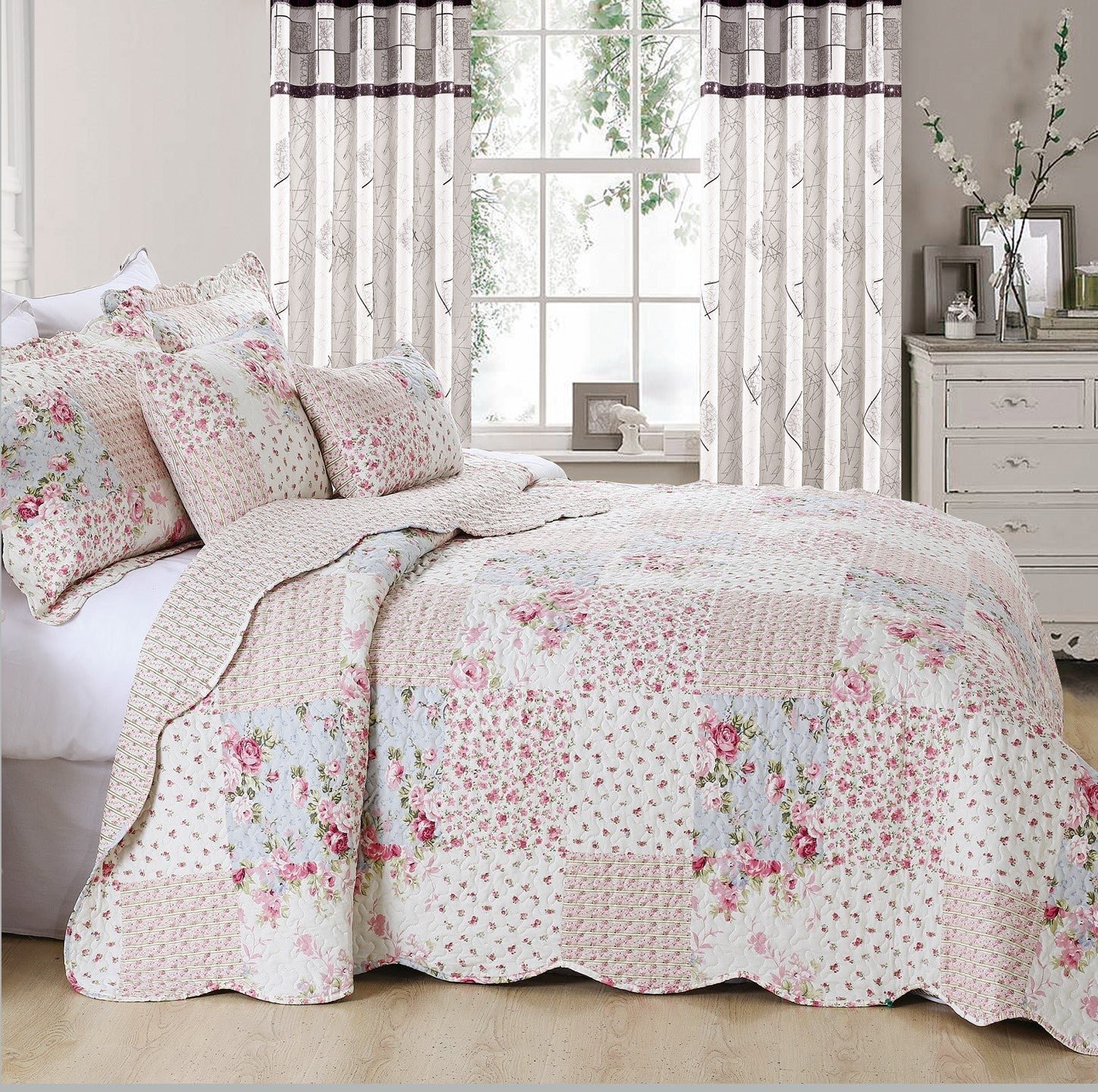 Luxury Quilted Patchwork Embroidered Bedspread Comforter with Pillow Case - Image 43