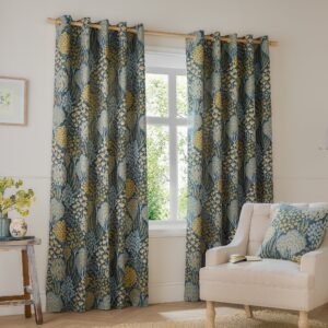 Wylder Nature Ophelia Floral Jacquard Ready Made Eyelet Blockout Curtains Blue Saffron